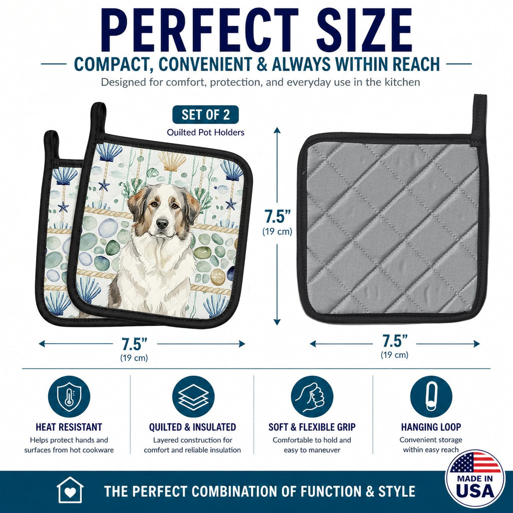 Badger Great Pyrenees Coastal Sea Glass Pot Holder Set of 2 Heat Resistant Quilted Hot Pads 7.5 x 7.5 Inch, Insulated Kitchen Trivets for Cooking & Baking