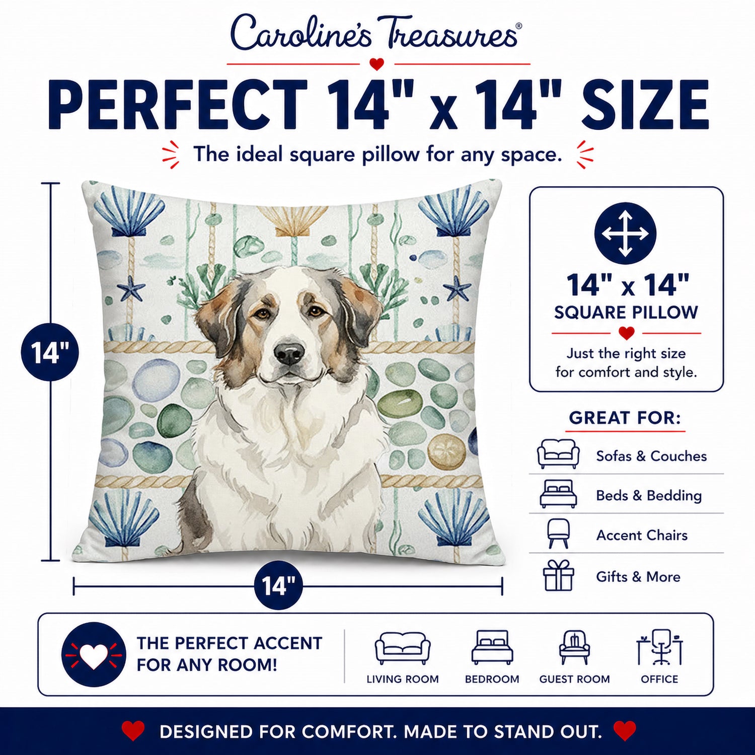 Badger Great Pyrenees Coastal Sea Glass Decorative Throw Pillow 14x14 Indoor Outdoor Accent Cushion, Fabric Cover with Insert for Sofa, Bed, Porch & Living Room
