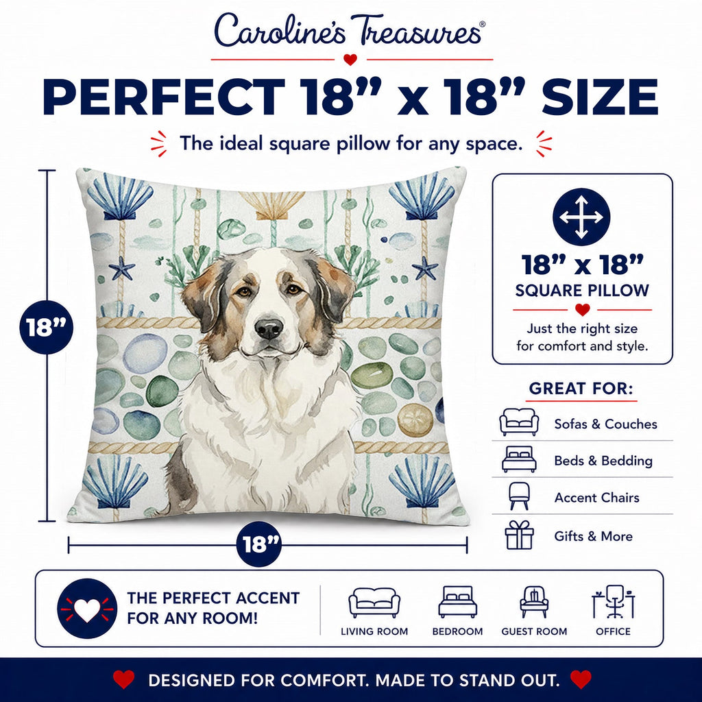 Badger Great Pyrenees Coastal Sea Glass Decorative Throw Pillow 18x18 Indoor Outdoor Accent Cushion, Fabric Cover with Insert for Sofa, Bed, Porch & Living Room