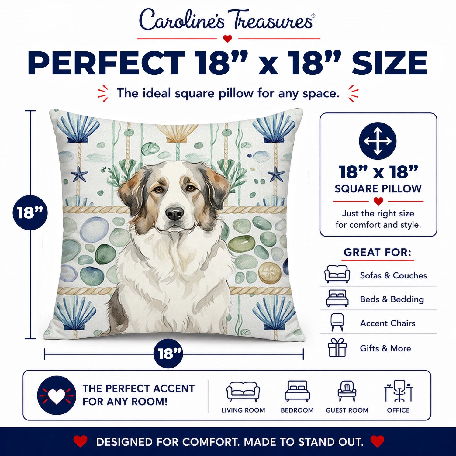Badger Great Pyrenees Coastal Sea Glass Decorative Throw Pillow 18x18 Indoor Outdoor Accent Cushion, Fabric Cover with Insert for Sofa, Bed, Porch & Living Room