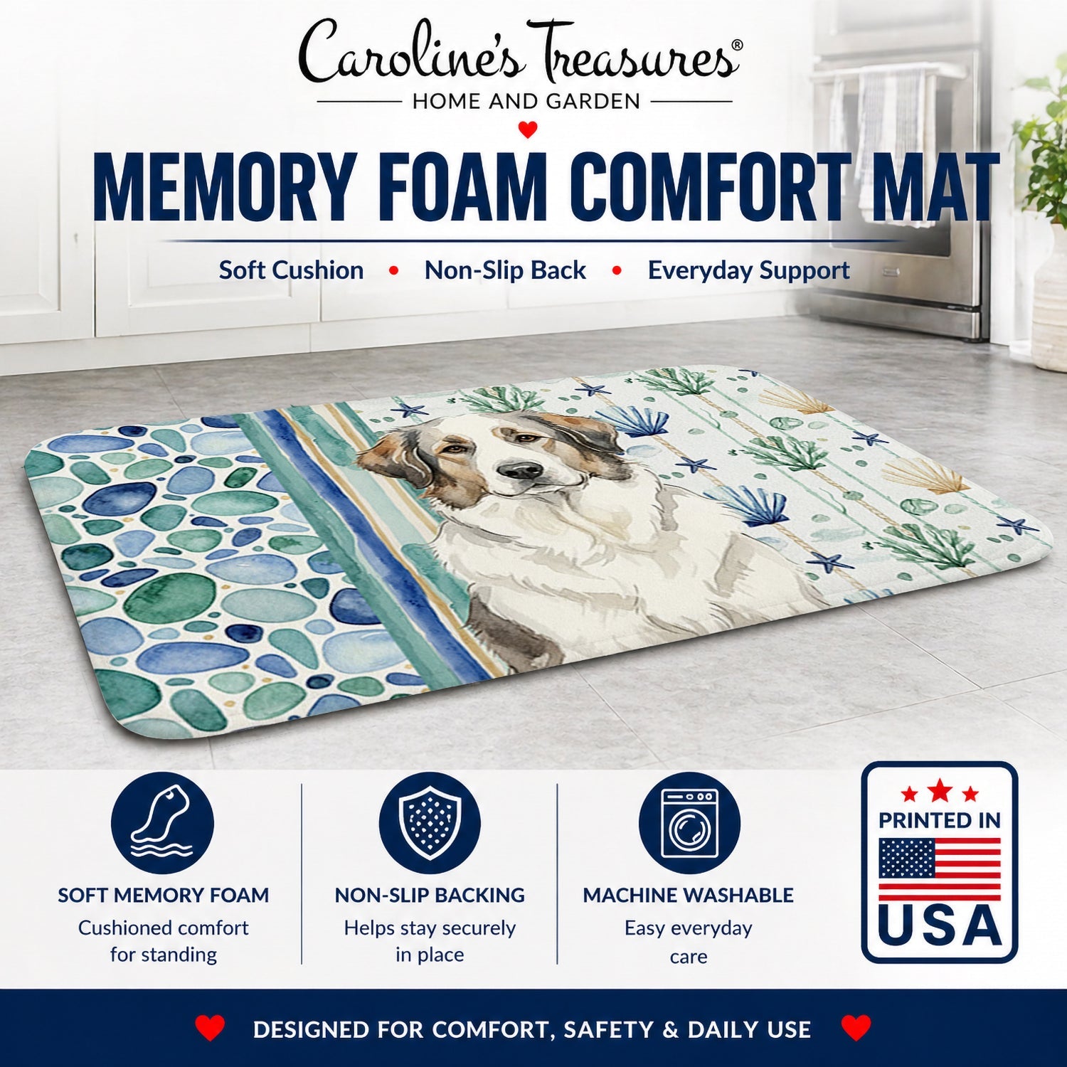 Badger Great Pyrenees Coastal Sea Glass Memory Foam Kitchen Mat Machine Washable Anti-Fatigue Cushion Comfort Bath or Kitchen Rug