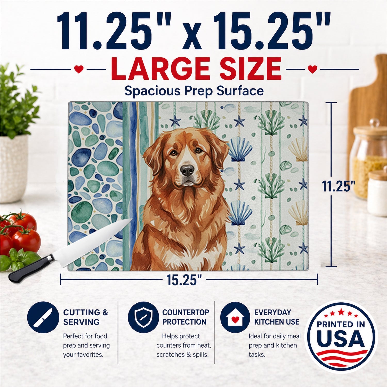 Reddish Brown Great Pyrenees Coastal Sea Glass Cutting Board Tempered Glass Kitchen Cutting Surface, Heat Resistant Chopping, Non-Slip Feet, Food Prep & Serving