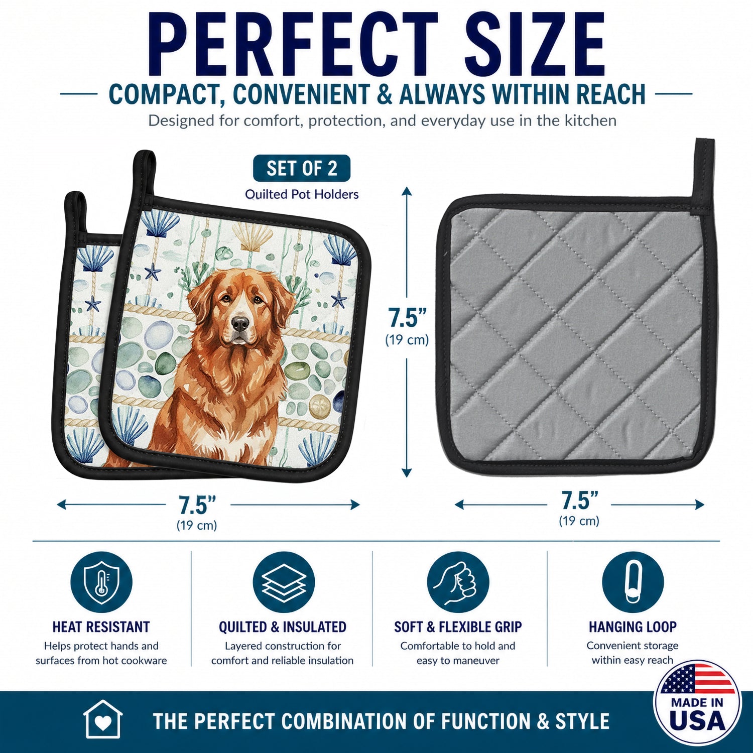 Reddish Brown Great Pyrenees Coastal Sea Glass Pot Holder Set of 2 Heat Resistant Quilted Hot Pads 7.5 x 7.5 Inch, Insulated Kitchen Trivets for Cooking & Baking