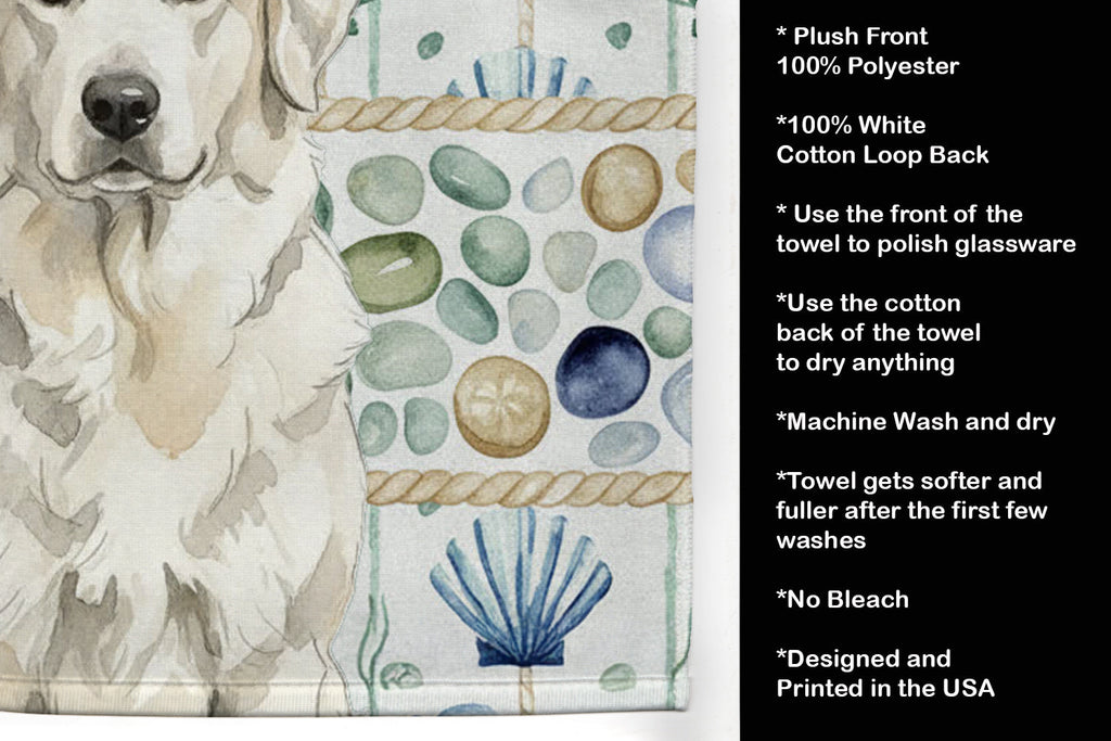 White Great Pyrenees Coastal Sea Glass Kitchen Towel Velour Plush Front and Cotton Loop Back Machine Washable