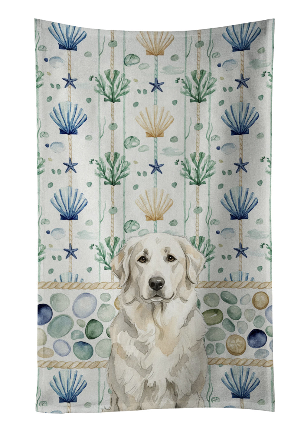 White Great Pyrenees Coastal Sea Glass Kitchen Towel Velour Plush Front and Cotton Loop Back Machine Washable
