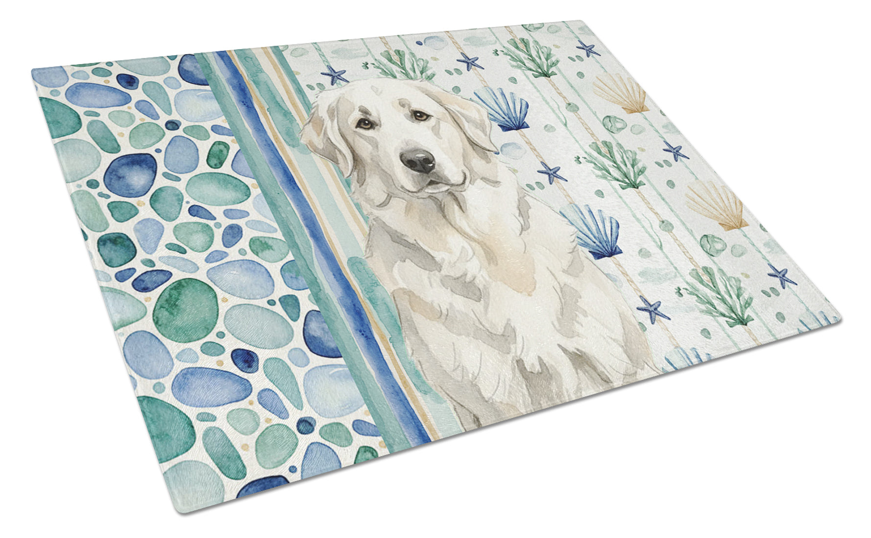White Great Pyrenees Coastal Sea Glass Cutting Board Tempered Glass Kitchen Cutting Surface, Heat Resistant Chopping, Non-Slip Feet, Food Prep & Serving