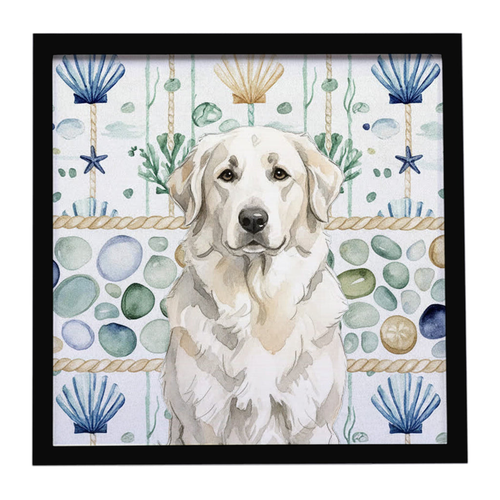 White Great Pyrenees Coastal Sea Glass Framed Metal Print Bathroom, Kitchen, Office, Home Decor Wall Art Ready to Hang, Square, 8X8
