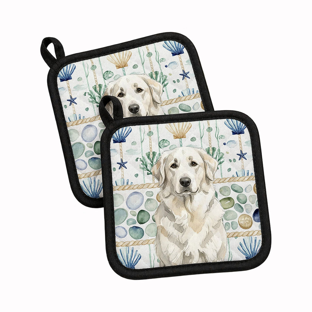 White Great Pyrenees Coastal Sea Glass Pot Holder Set of 2 Heat Resistant Quilted Hot Pads 7.5 x 7.5 Inch, Insulated Kitchen Trivets for Cooking & Baking