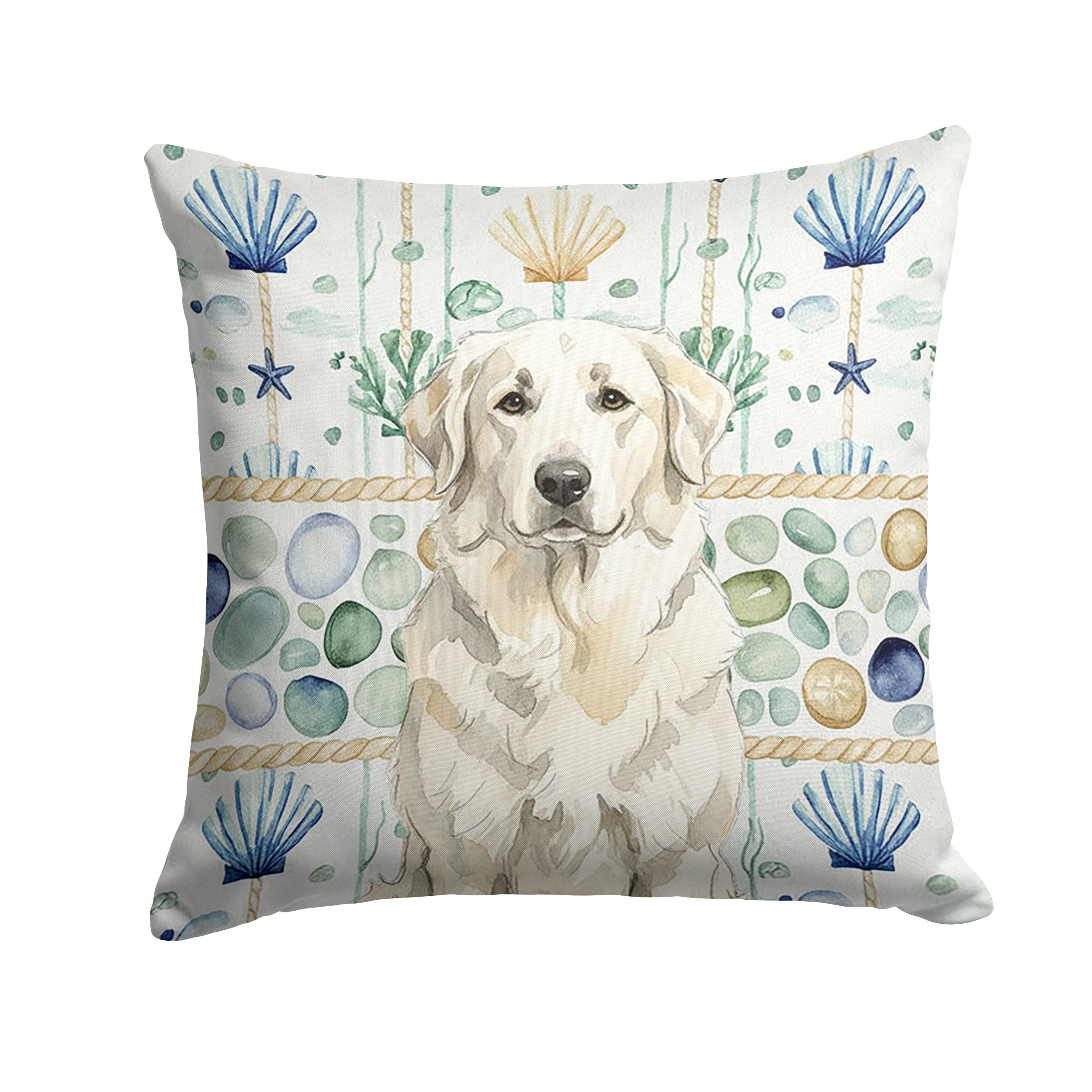 White Great Pyrenees Coastal Sea Glass Decorative Throw Pillow 14x14 Indoor Outdoor Accent Cushion, Fabric Cover with Insert for Sofa, Bed, Porch & Living Room