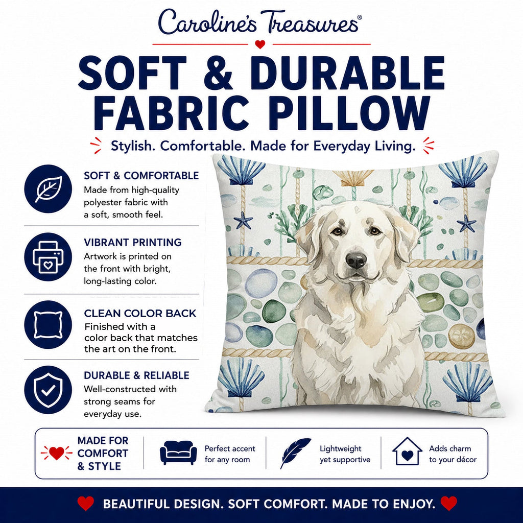 White Great Pyrenees Coastal Sea Glass Decorative Throw Pillow 18x18 Indoor Outdoor Accent Cushion, Fabric Cover with Insert for Sofa, Bed, Porch & Living Room