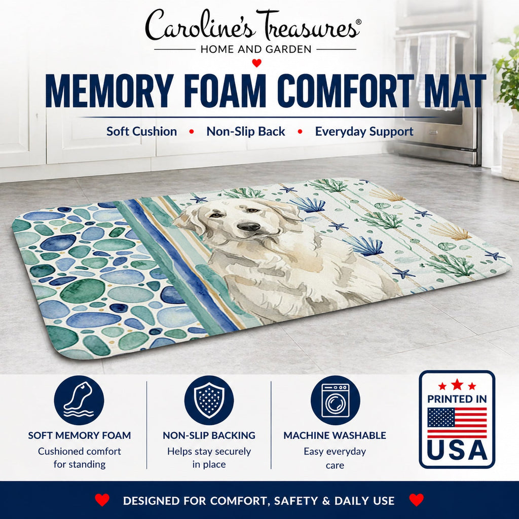 White Great Pyrenees Coastal Sea Glass Memory Foam Kitchen Mat Machine Washable Anti-Fatigue Cushion Comfort Bath or Kitchen Rug