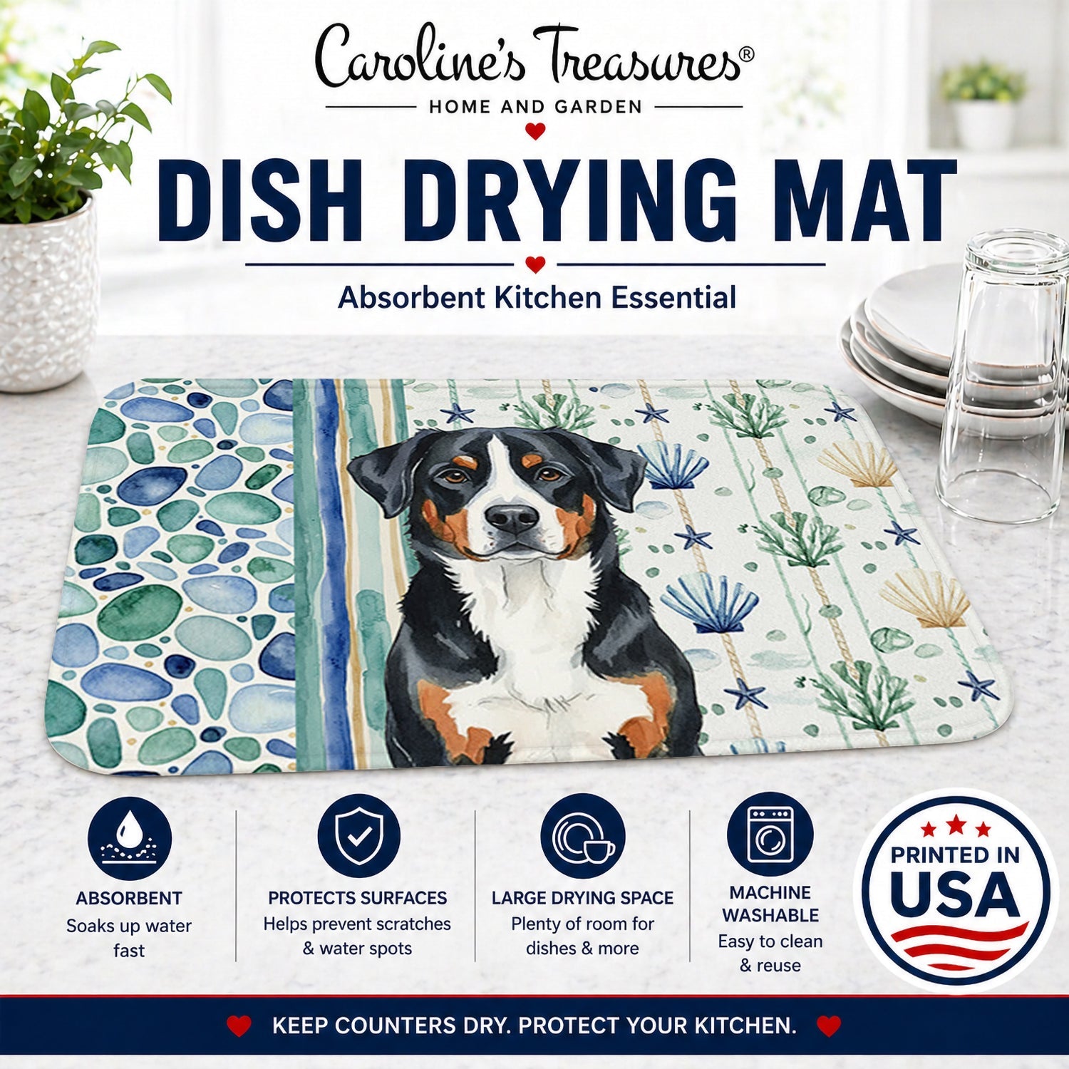 Greater Swiss Mountain Dog Coastal Sea Glass Dish Drying Mat Absorbent Dish Drying Mat Pad for Kitchen Counter Dish Drainer Mat for Countertop, 14 x 21", Multicolor