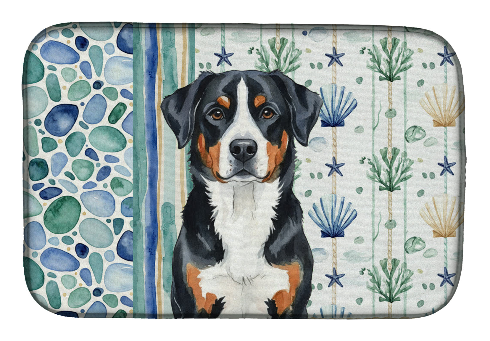 Greater Swiss Mountain Dog Coastal Sea Glass Dish Drying Mat Absorbent Dish Drying Mat Pad for Kitchen Counter Dish Drainer Mat for Countertop, 14 x 21", Multicolor