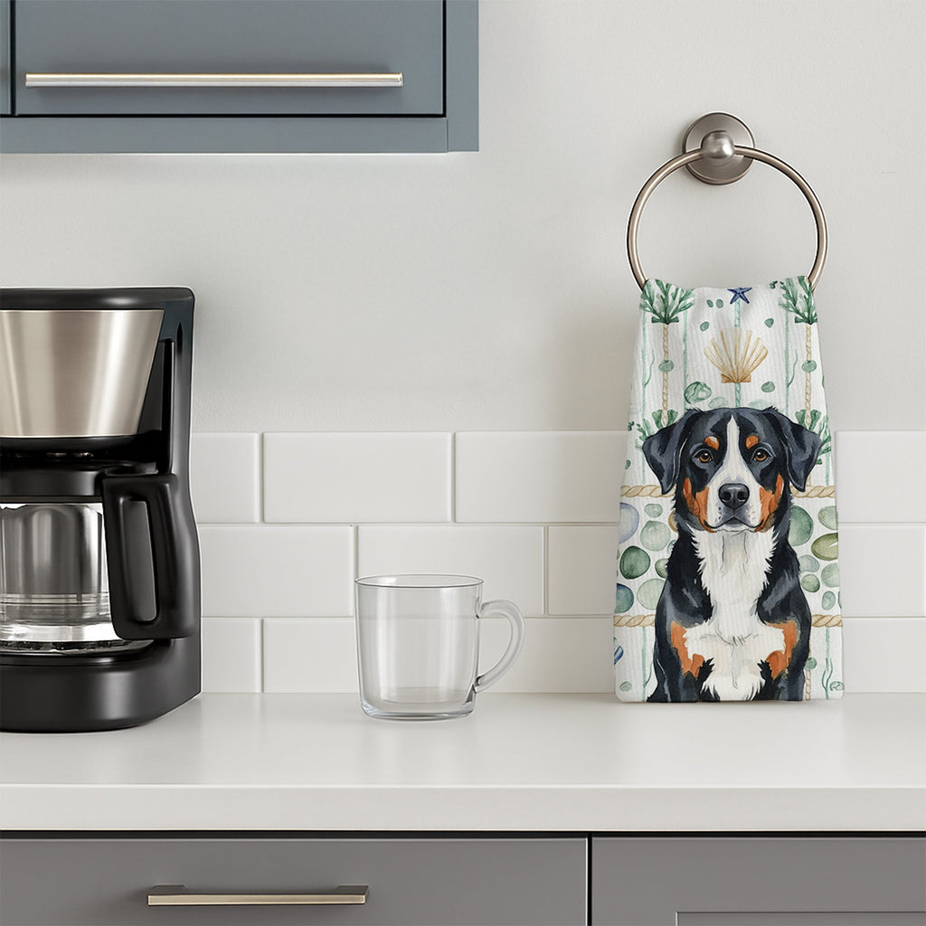Greater Swiss Mountain Dog Coastal Sea Glass Kitchen Towel Velour Plush Front and Cotton Loop Back Machine Washable
