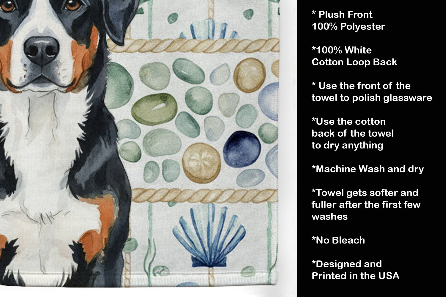 Greater Swiss Mountain Dog Coastal Sea Glass Kitchen Towel Velour Plush Front and Cotton Loop Back Machine Washable