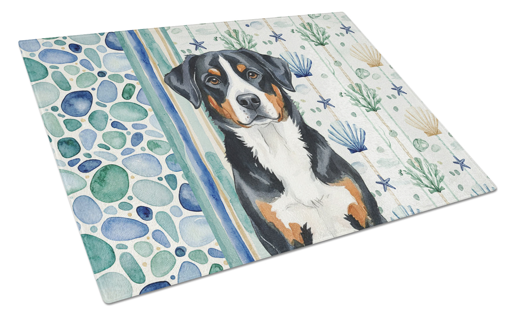 Greater Swiss Mountain Dog Coastal Sea Glass Cutting Board Tempered Glass Kitchen Cutting Surface, Heat Resistant Chopping, Non-Slip Feet, Food Prep & Serving