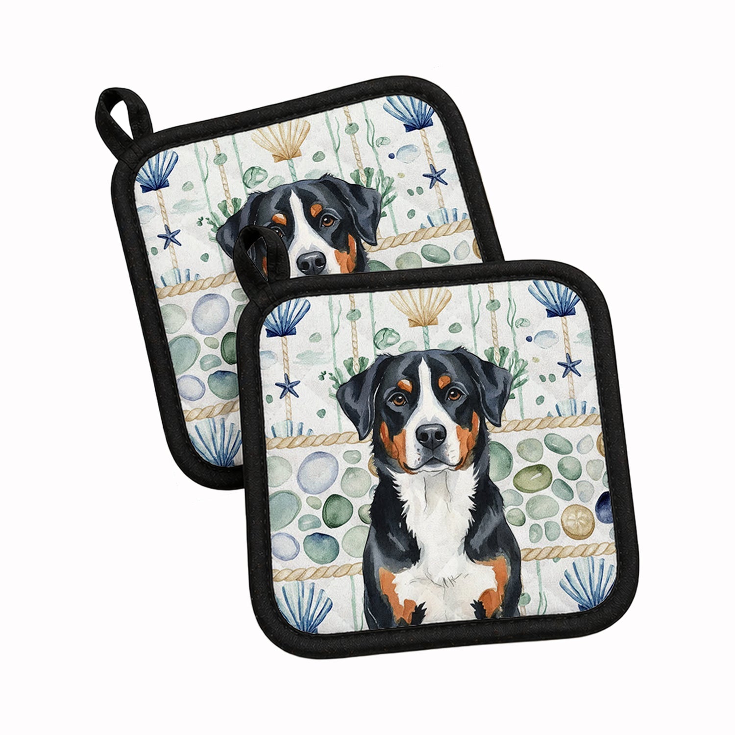Greater Swiss Mountain Dog Coastal Sea Glass Pot Holder Set of 2 Heat Resistant Quilted Hot Pads 7.5 x 7.5 Inch, Insulated Kitchen Trivets for Cooking & Baking