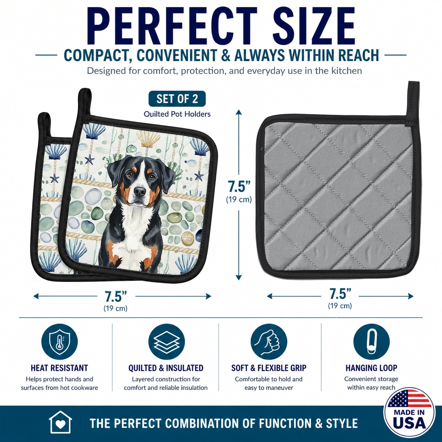 Greater Swiss Mountain Dog Coastal Sea Glass Pot Holder Set of 2 Heat Resistant Quilted Hot Pads 7.5 x 7.5 Inch, Insulated Kitchen Trivets for Cooking & Baking