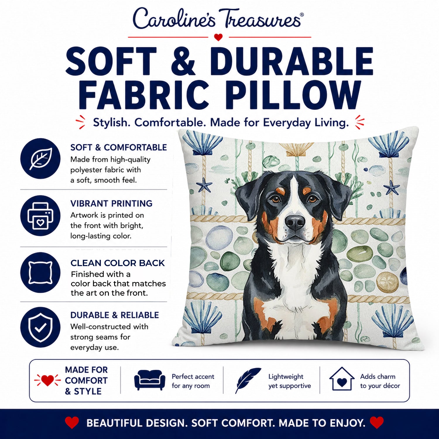 Greater Swiss Mountain Dog Coastal Sea Glass Decorative Throw Pillow 14x14 Indoor Outdoor Accent Cushion, Fabric Cover with Insert for Sofa, Bed, Porch & Living Room