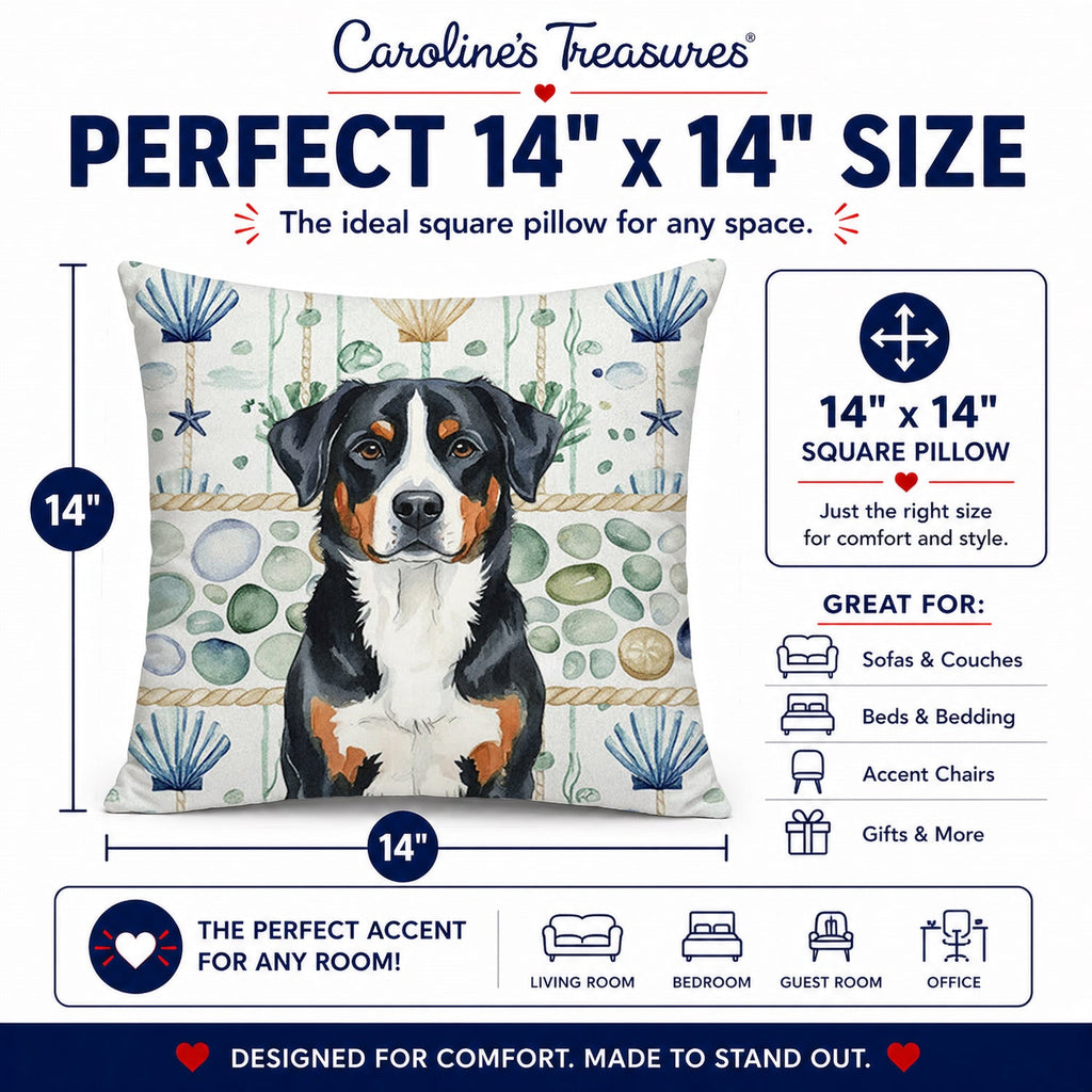Greater Swiss Mountain Dog Coastal Sea Glass Decorative Throw Pillow 14x14 Indoor Outdoor Accent Cushion, Fabric Cover with Insert for Sofa, Bed, Porch & Living Room