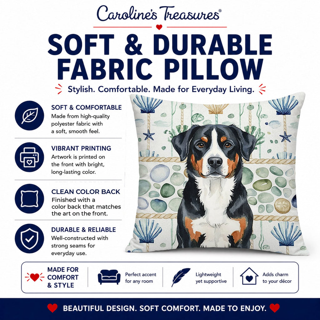 Greater Swiss Mountain Dog Coastal Sea Glass Decorative Throw Pillow 18x18 Indoor Outdoor Accent Cushion, Fabric Cover with Insert for Sofa, Bed, Porch & Living Room