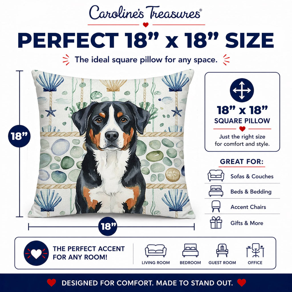 Greater Swiss Mountain Dog Coastal Sea Glass Decorative Throw Pillow 18x18 Indoor Outdoor Accent Cushion, Fabric Cover with Insert for Sofa, Bed, Porch & Living Room