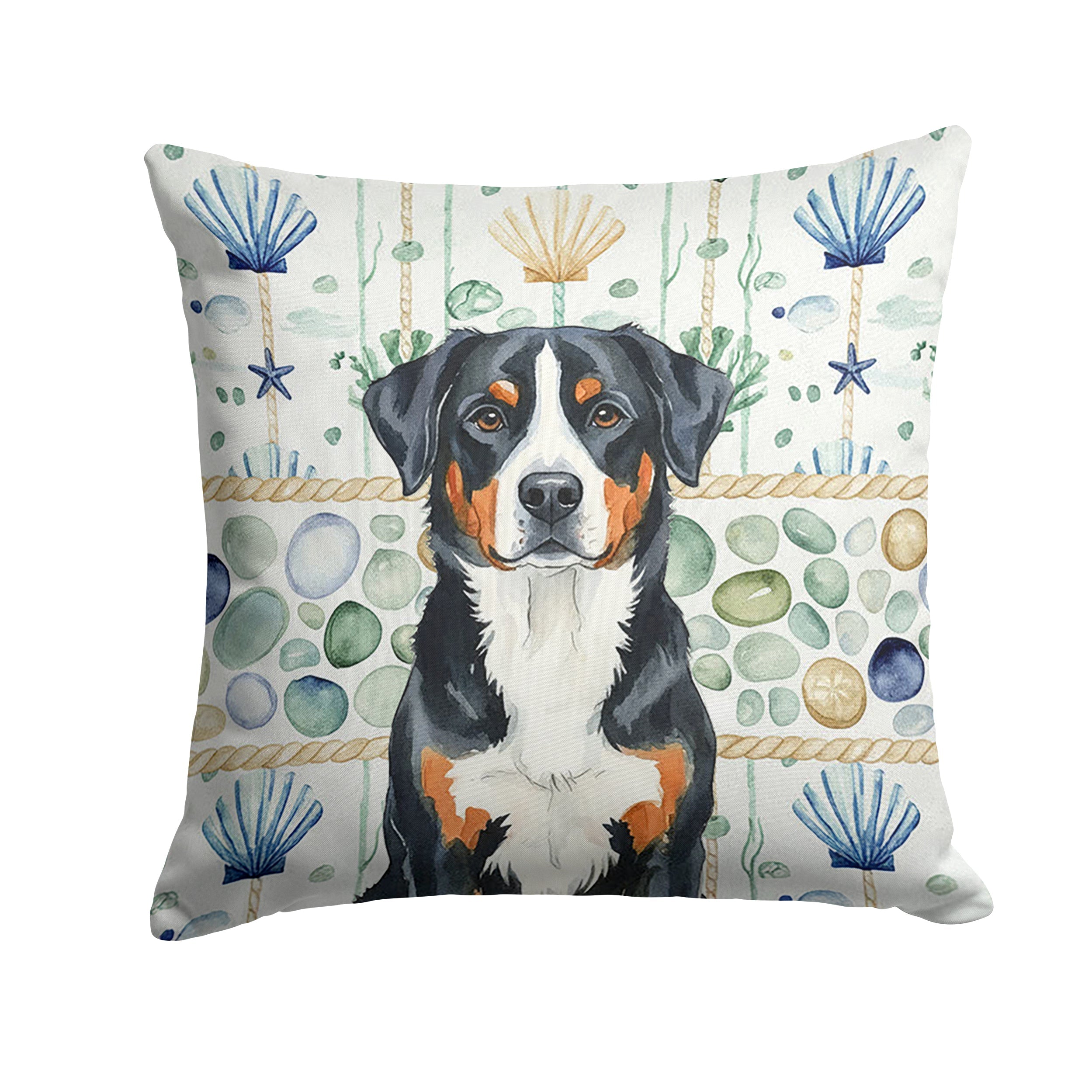 Greater Swiss Mountain Dog Coastal Sea Glass Decorative Throw Pillow 18x18 Indoor Outdoor Accent Cushion, Fabric Cover with Insert for Sofa, Bed, Porch & Living Room