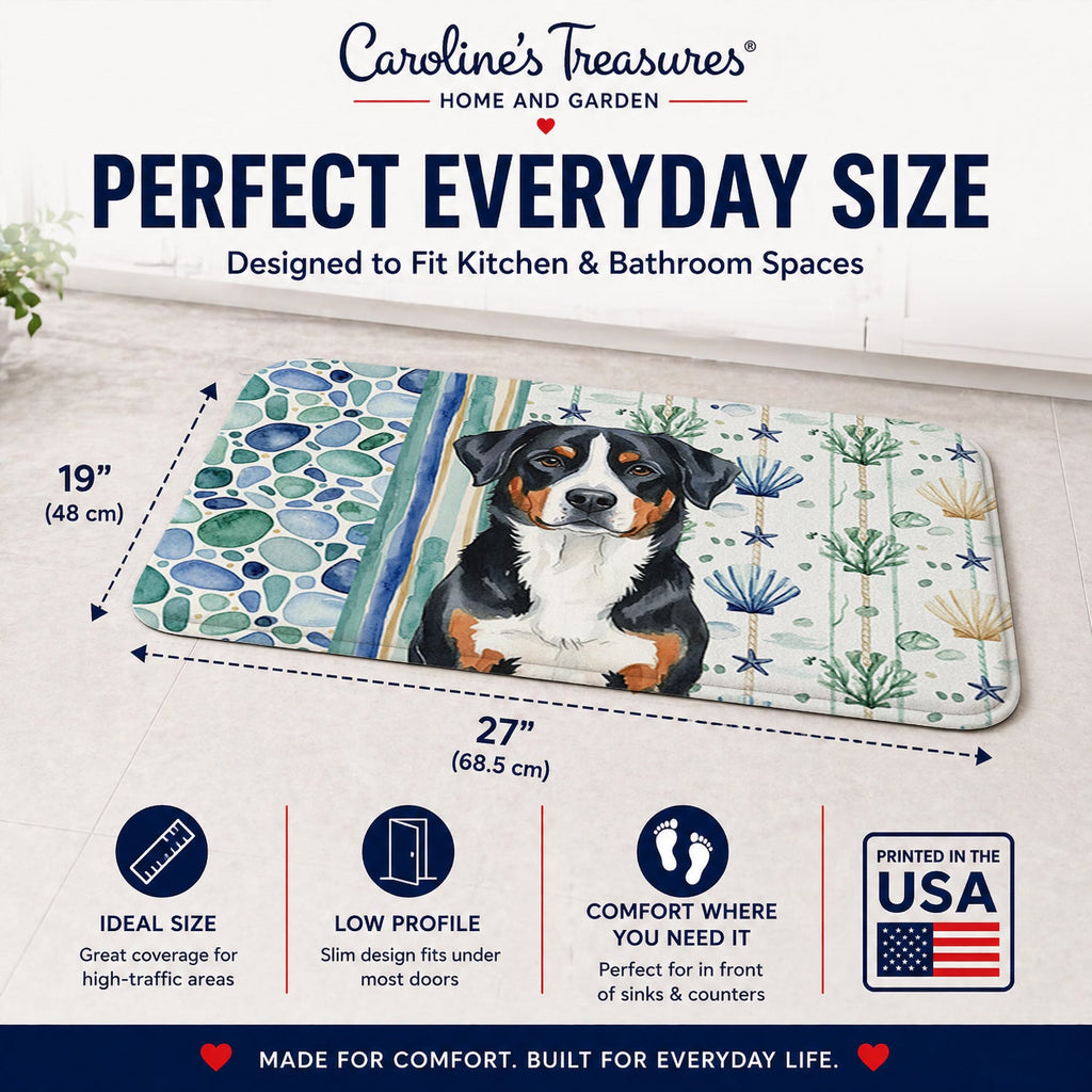 Greater Swiss Mountain Dog Coastal Sea Glass Memory Foam Kitchen Mat Machine Washable Anti-Fatigue Cushion Comfort Bath or Kitchen Rug