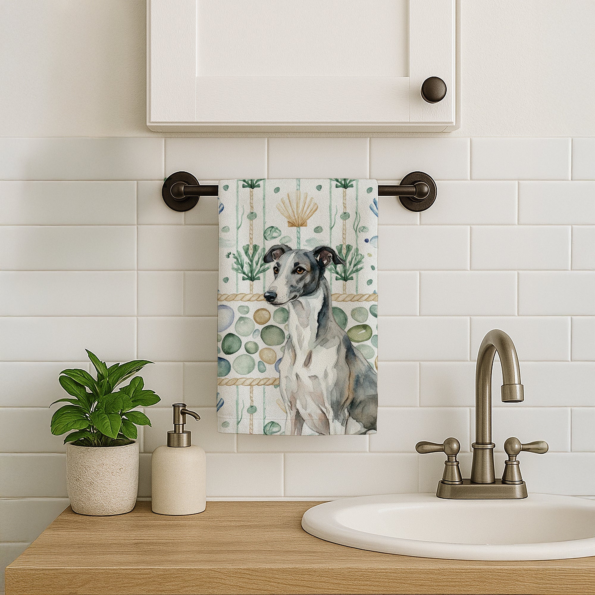 Black and White Greyhound Coastal Sea Glass Kitchen Towel Velour Plush Front and Cotton Loop Back Machine Washable