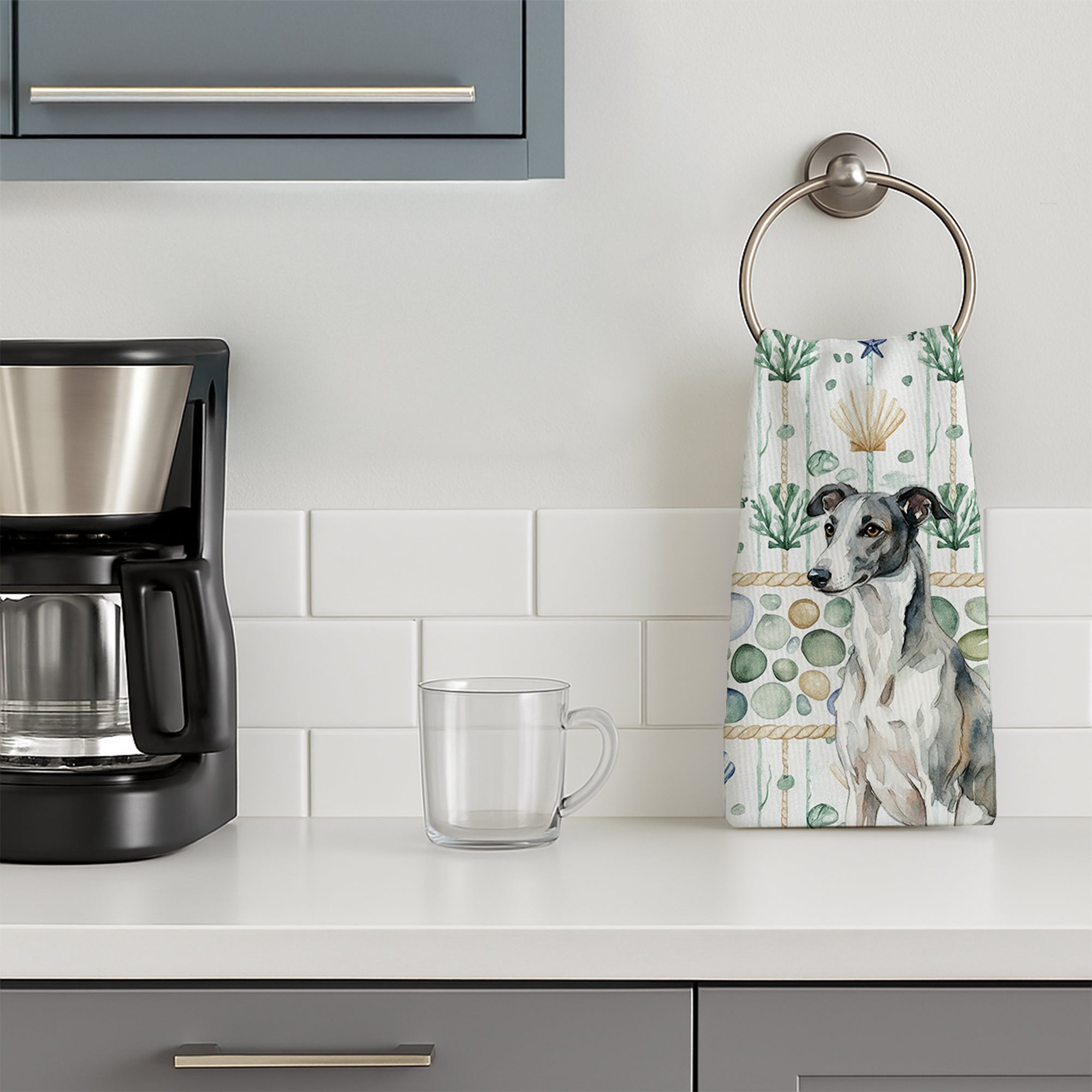 Black and White Greyhound Coastal Sea Glass Kitchen Towel Velour Plush Front and Cotton Loop Back Machine Washable