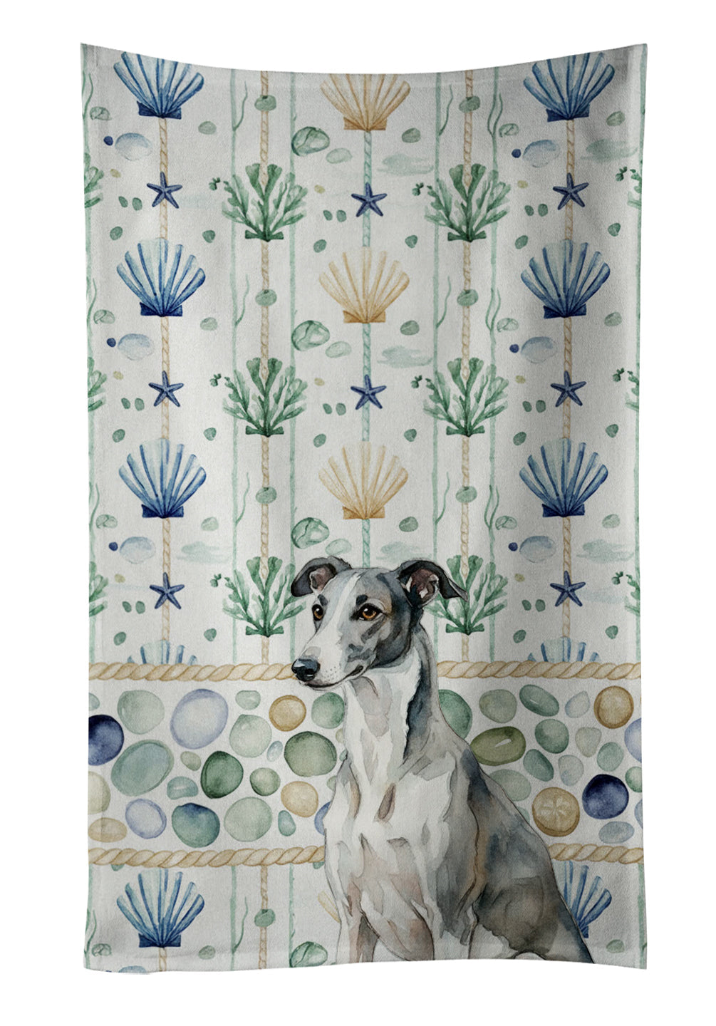 Black and White Greyhound Coastal Sea Glass Kitchen Towel Velour Plush Front and Cotton Loop Back Machine Washable