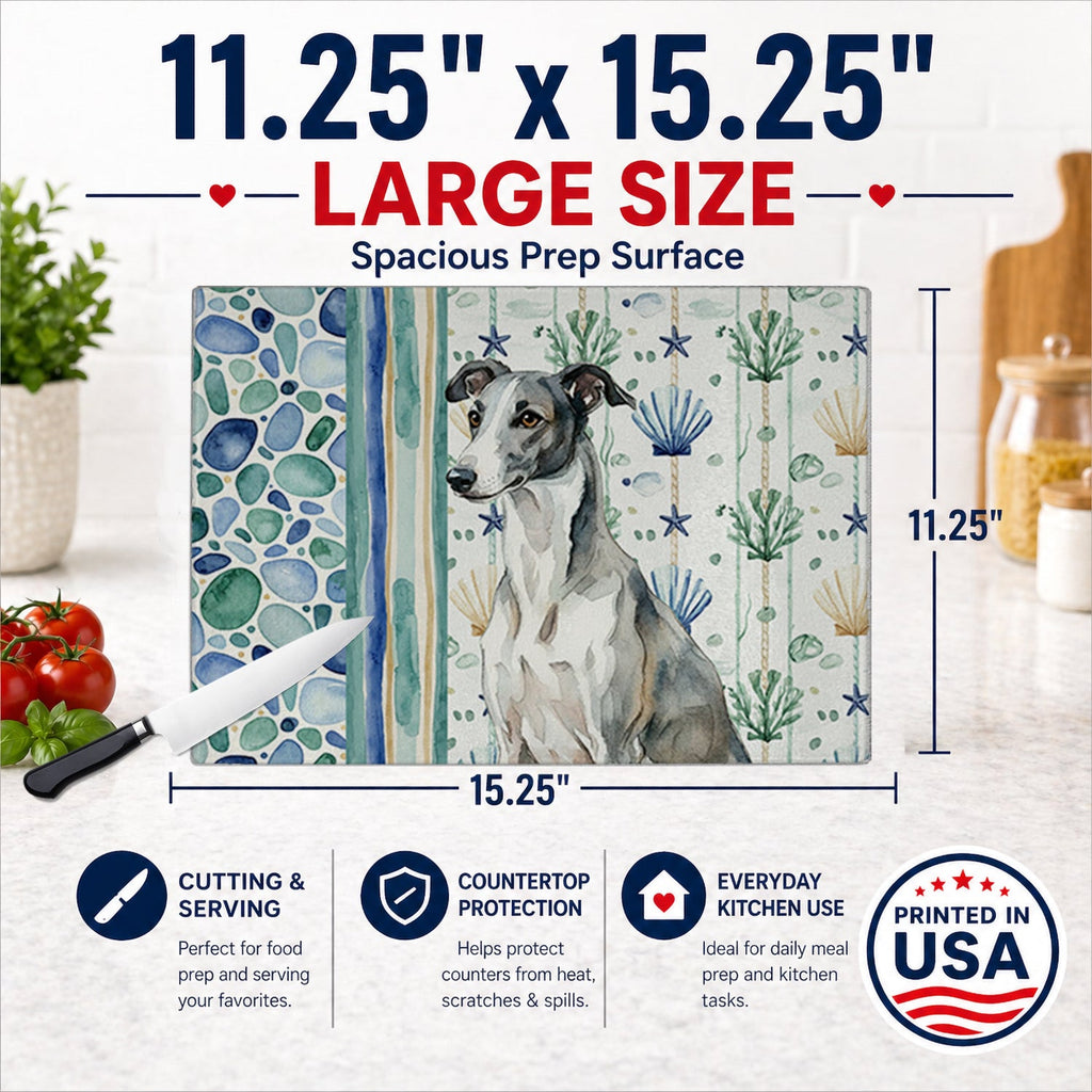 Black and White Greyhound Coastal Sea Glass Cutting Board Tempered Glass Kitchen Cutting Surface, Heat Resistant Chopping, Non-Slip Feet, Food Prep & Serving