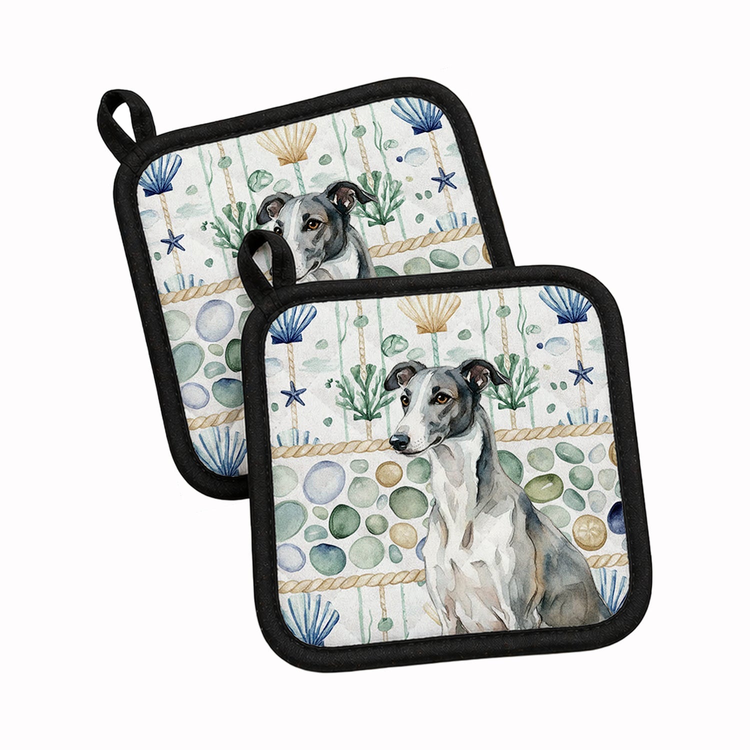 Black and White Greyhound Coastal Sea Glass Pot Holder Set of 2 Heat Resistant Quilted Hot Pads 7.5 x 7.5 Inch, Insulated Kitchen Trivets for Cooking & Baking