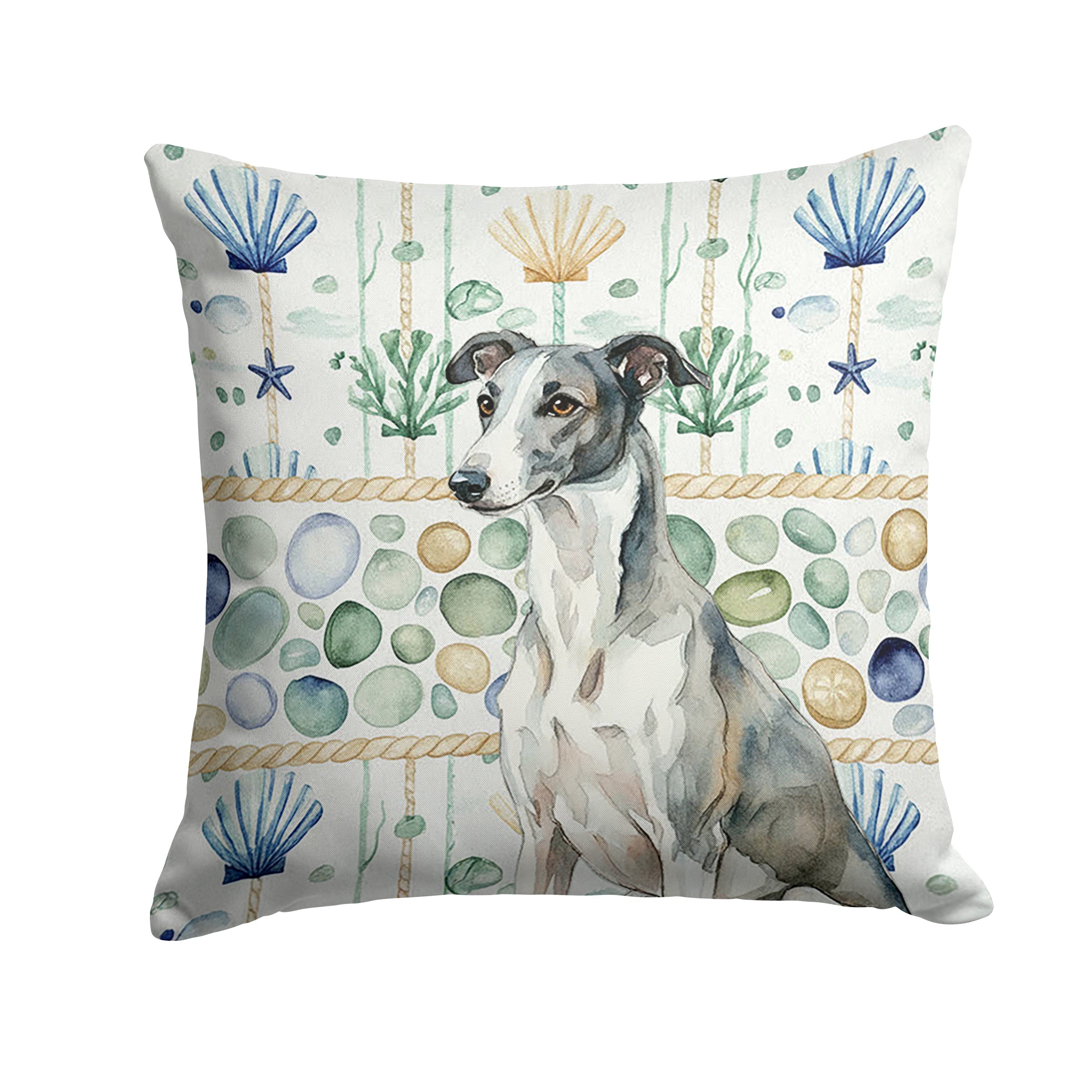 Black and White Greyhound Coastal Sea Glass Decorative Throw Pillow 14x14 Indoor Outdoor Accent Cushion, Fabric Cover with Insert for Sofa, Bed, Porch & Living Room
