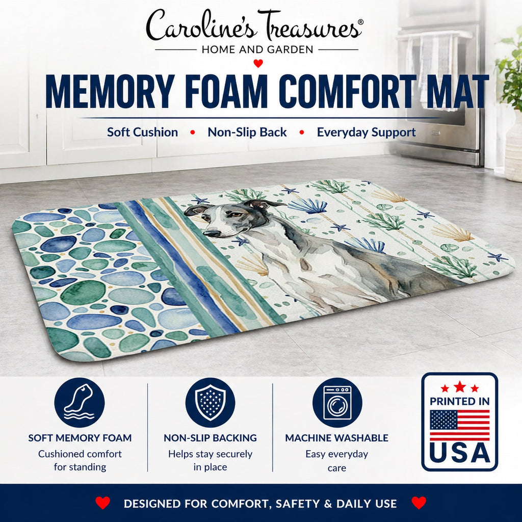 Black and White Greyhound Coastal Sea Glass Memory Foam Kitchen Mat Machine Washable Anti-Fatigue Cushion Comfort Bath or Kitchen Rug