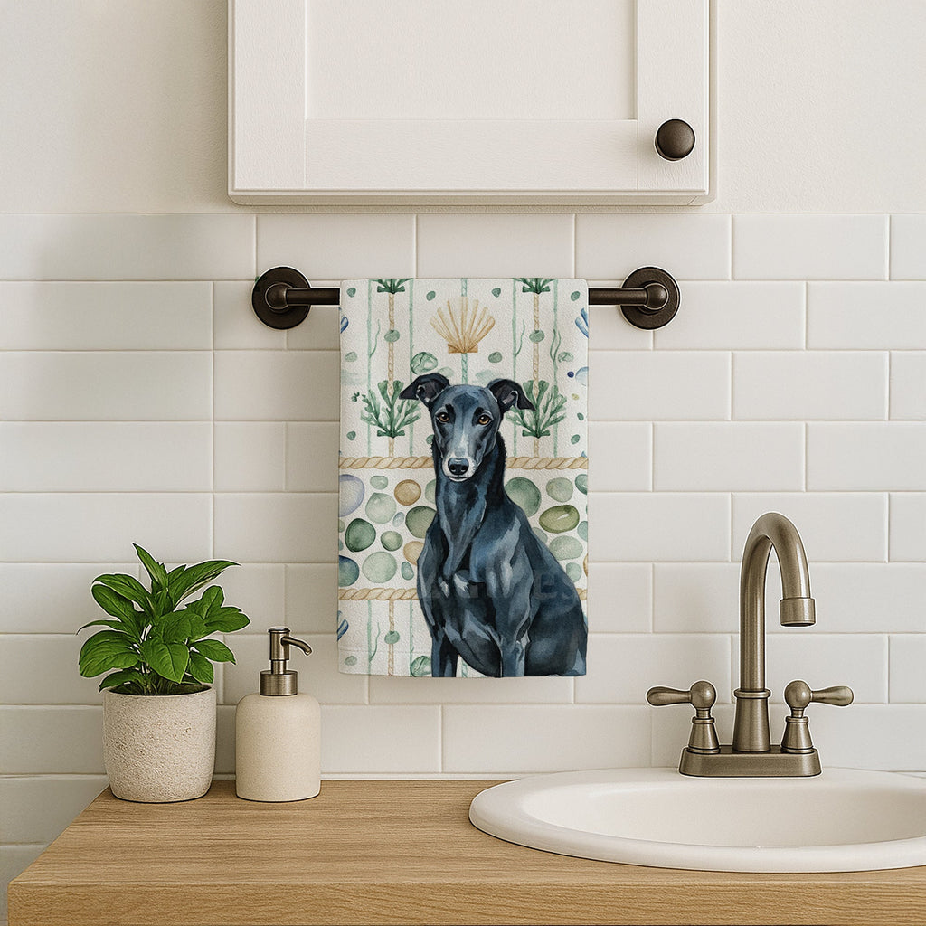 Black Greyhound Coastal Sea Glass Kitchen Towel Velour Plush Front and Cotton Loop Back Machine Washable