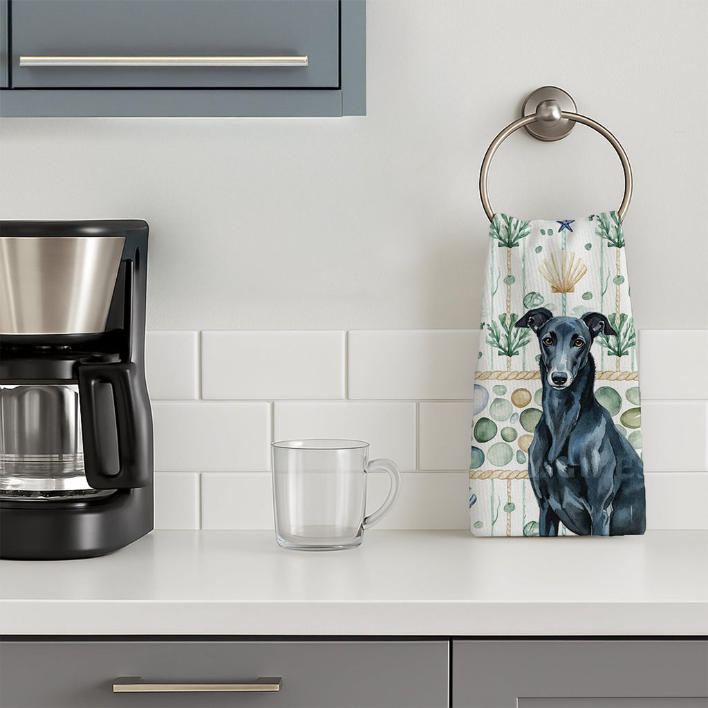 Black Greyhound Coastal Sea Glass Kitchen Towel Velour Plush Front and Cotton Loop Back Machine Washable