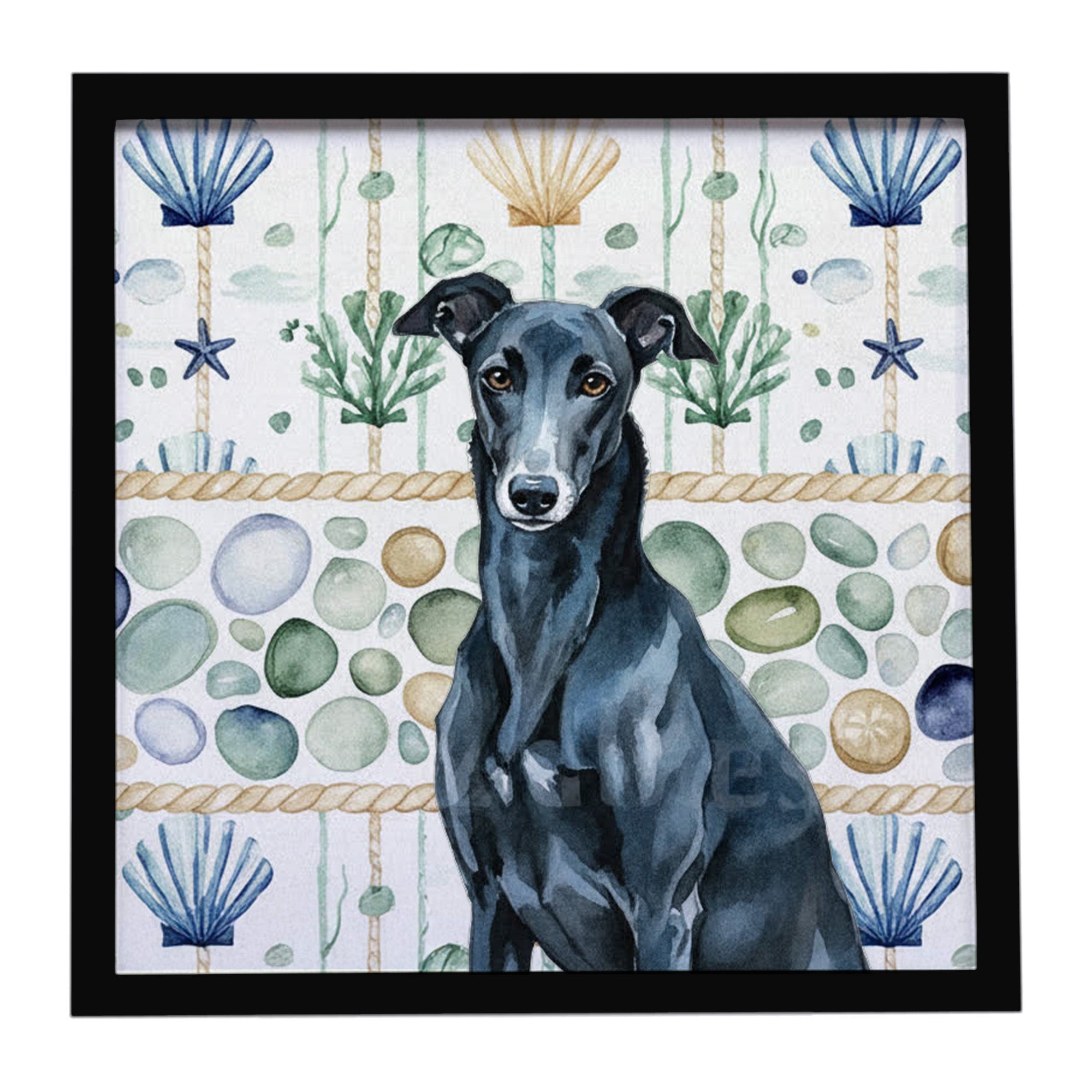 Black Greyhound Coastal Sea Glass Framed Metal Print Bathroom, Kitchen, Office, Home Decor Wall Art Ready to Hang, Square, 8X8