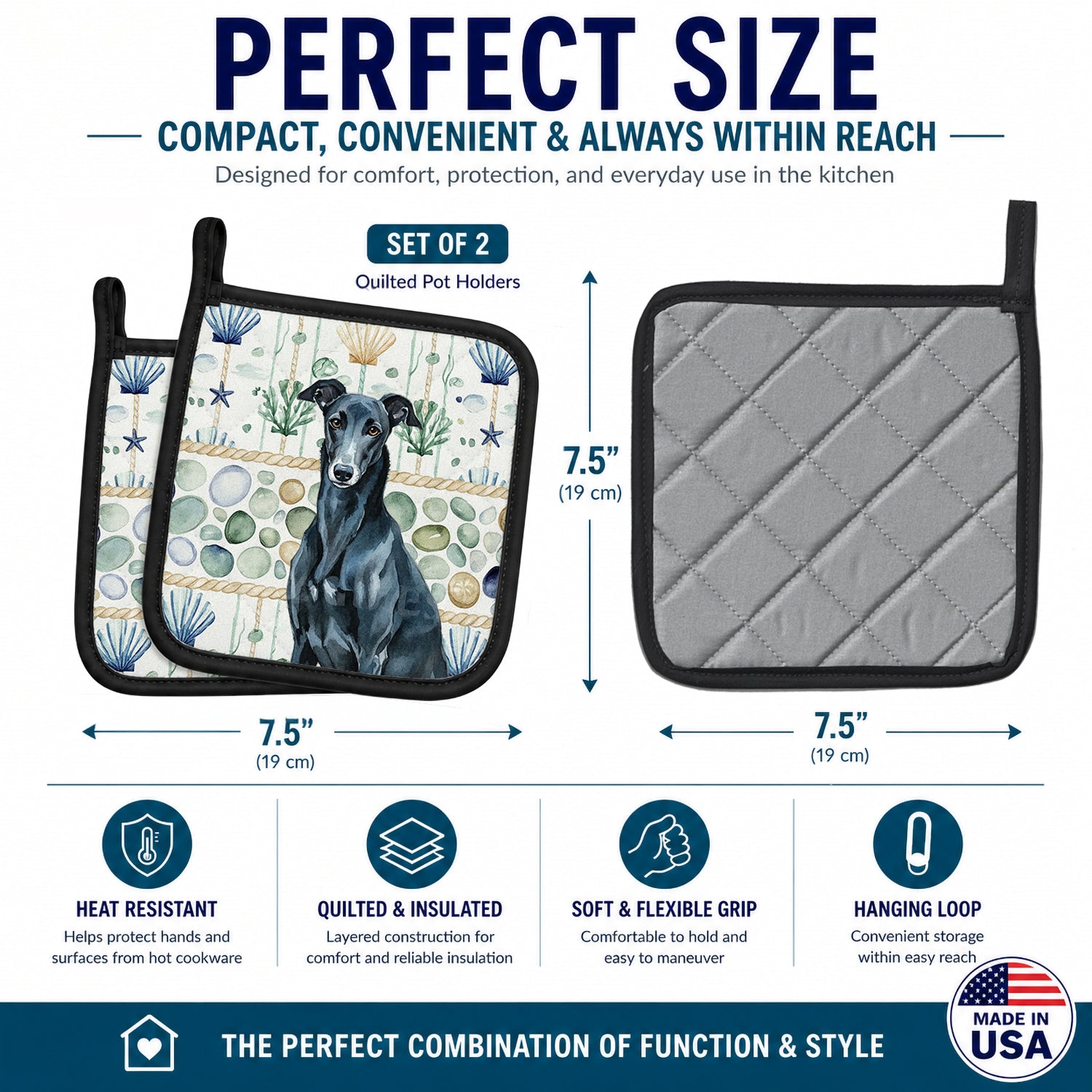 Black Greyhound Coastal Sea Glass Pot Holder Set of 2 Heat Resistant Quilted Hot Pads 7.5 x 7.5 Inch, Insulated Kitchen Trivets for Cooking & Baking