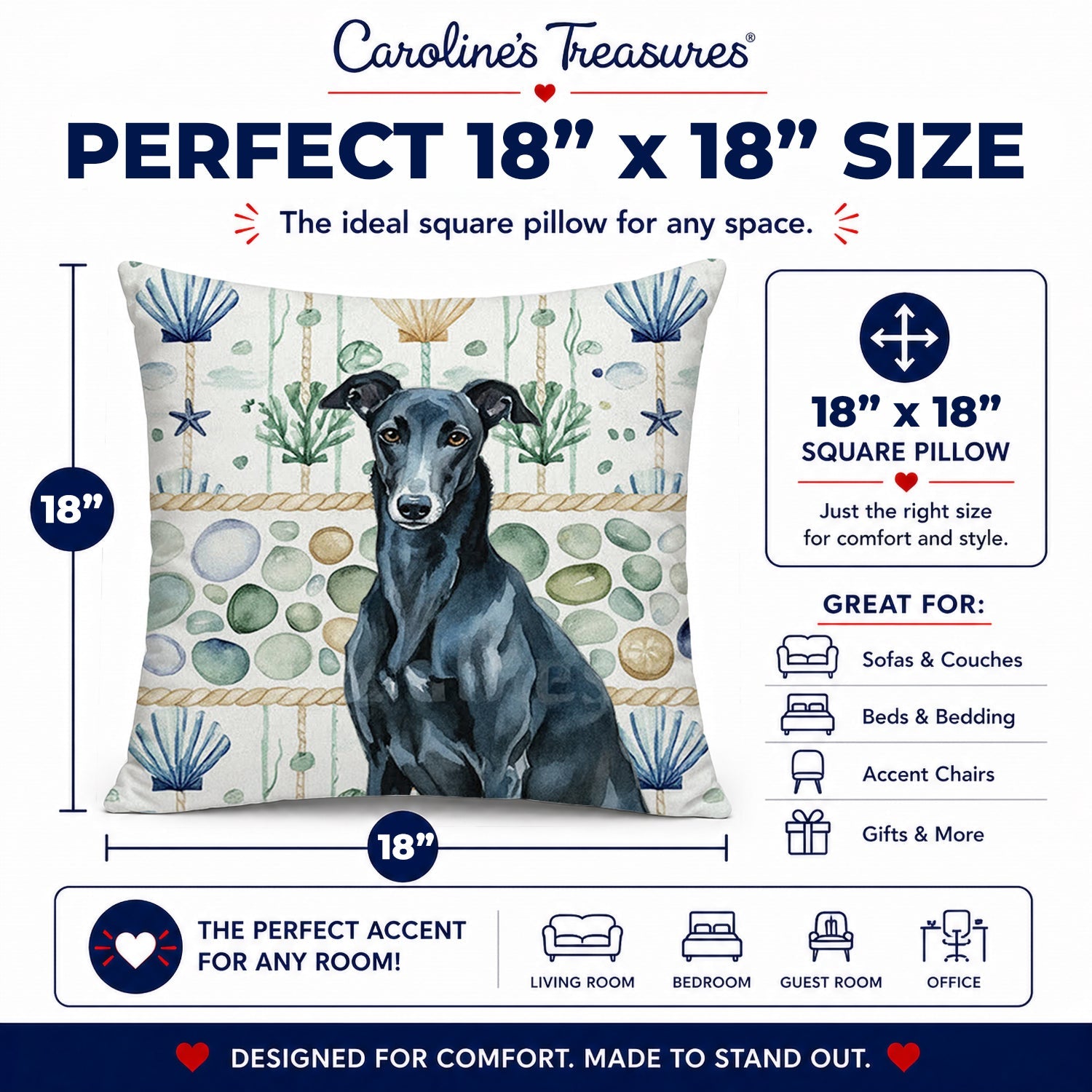 Black Greyhound Coastal Sea Glass Decorative Throw Pillow 18x18 Indoor Outdoor Accent Cushion, Fabric Cover with Insert for Sofa, Bed, Porch & Living Room