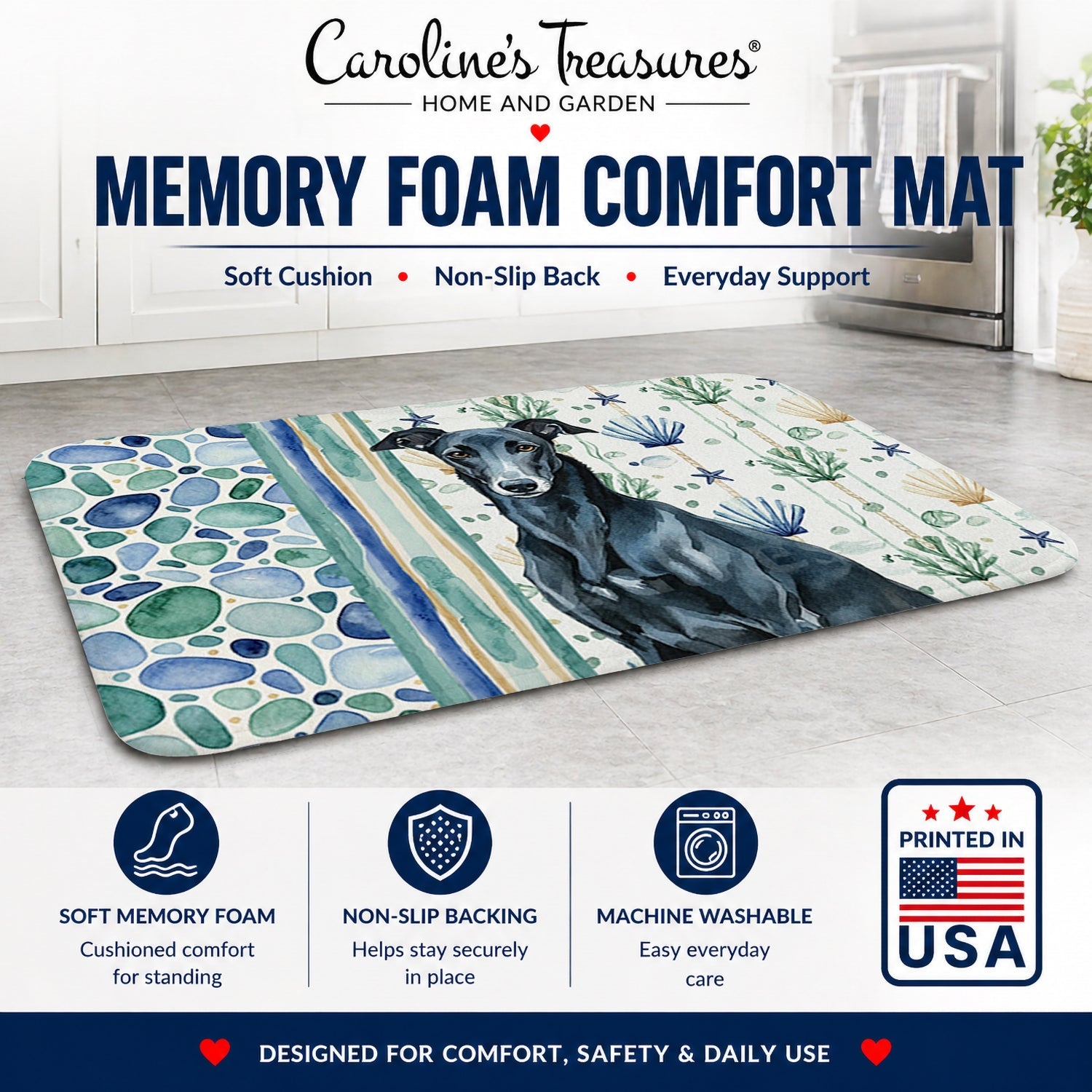 Black Greyhound Coastal Sea Glass Memory Foam Kitchen Mat Machine Washable Anti-Fatigue Cushion Comfort Bath or Kitchen Rug