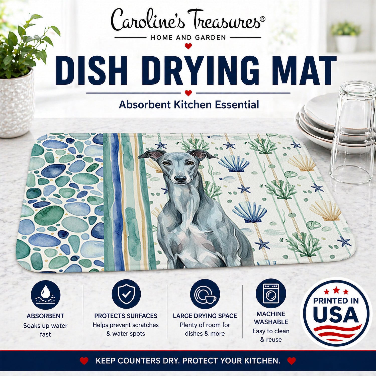 Blue Brindle Greyhound Coastal Sea Glass Dish Drying Mat Absorbent Dish Drying Mat Pad for Kitchen Counter Dish Drainer Mat for Countertop, 14 x 21", Multicolor
