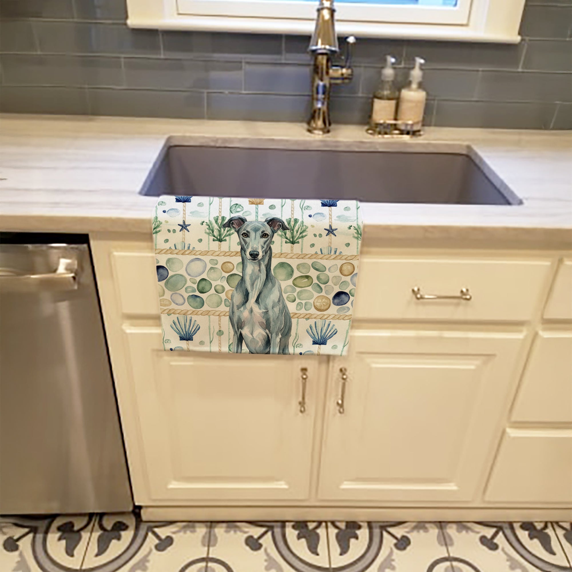 Blue Brindle Greyhound Coastal Sea Glass Kitchen Towel Velour Plush Front and Cotton Loop Back Machine Washable