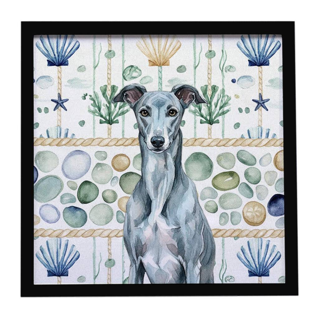 Blue Brindle Greyhound Coastal Sea Glass Framed Metal Print Bathroom, Kitchen, Office, Home Decor Wall Art Ready to Hang, Square, 8X8
