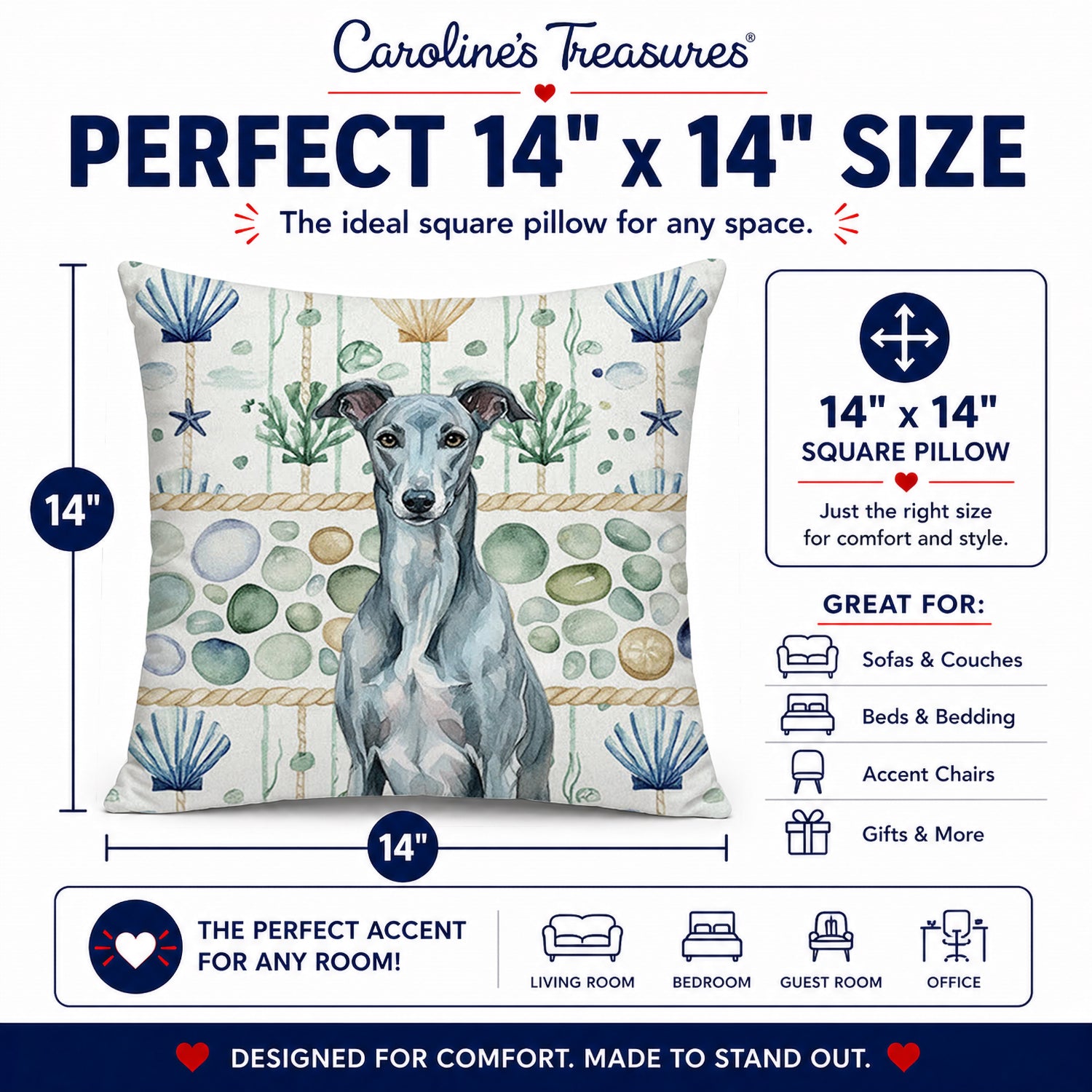Blue Brindle Greyhound Coastal Sea Glass Decorative Throw Pillow 14x14 Indoor Outdoor Accent Cushion, Fabric Cover with Insert for Sofa, Bed, Porch & Living Room