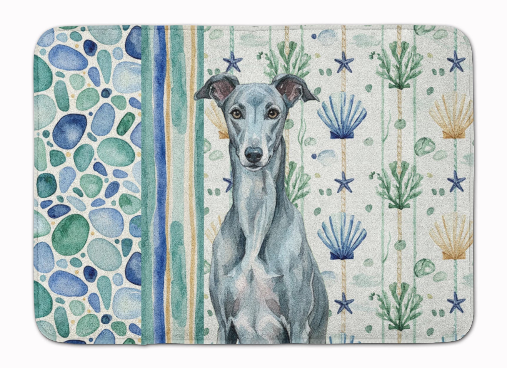 Blue Brindle Greyhound Coastal Sea Glass Memory Foam Kitchen Mat Machine Washable Anti-Fatigue Cushion Comfort Bath or Kitchen Rug