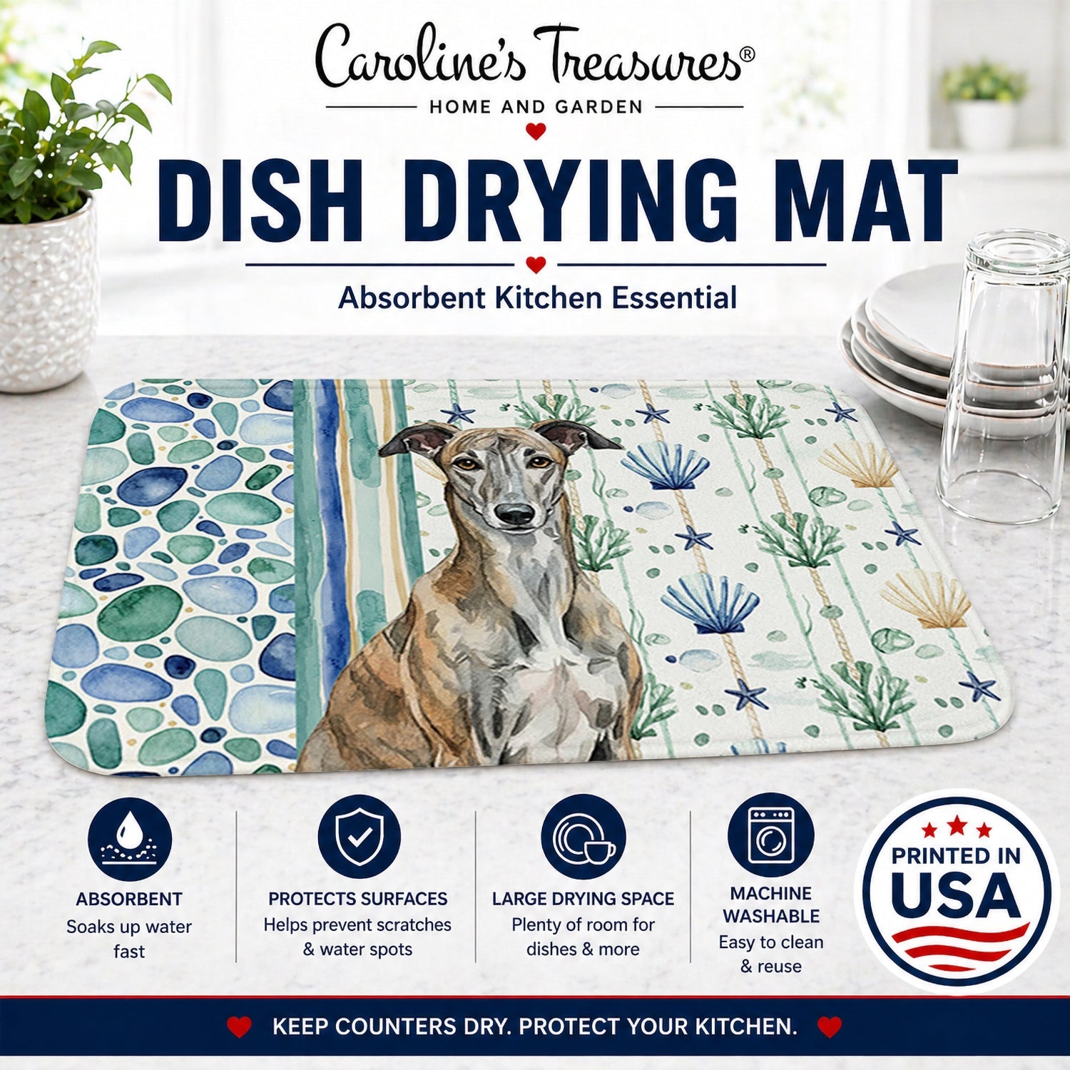 Brindle Greyhound Coastal Sea Glass Dish Drying Mat Absorbent Dish Drying Mat Pad for Kitchen Counter Dish Drainer Mat for Countertop, 14 x 21", Multicolor