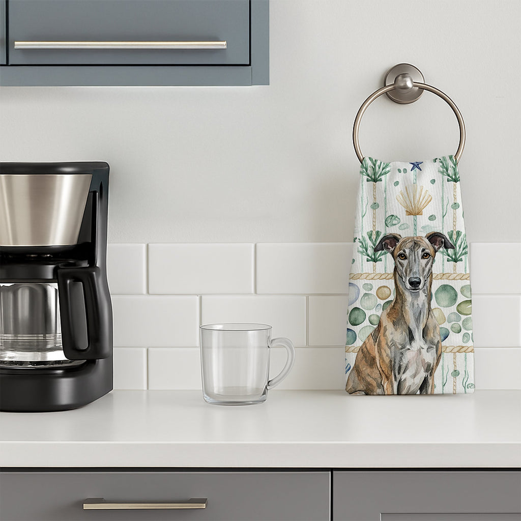 Brindle Greyhound Coastal Sea Glass Kitchen Towel Velour Plush Front and Cotton Loop Back Machine Washable