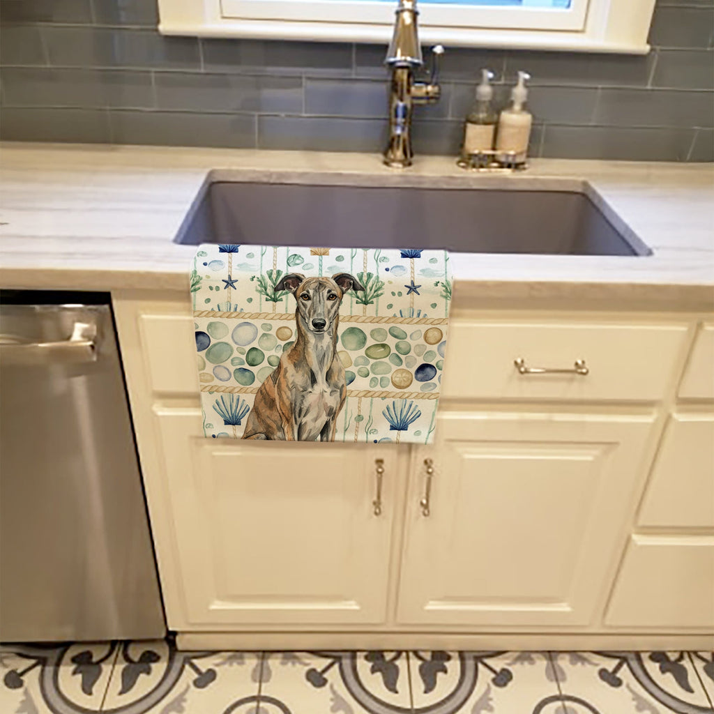 Brindle Greyhound Coastal Sea Glass Kitchen Towel Velour Plush Front and Cotton Loop Back Machine Washable