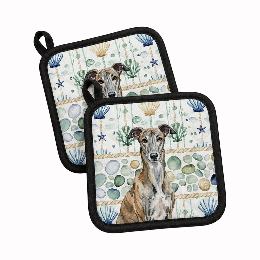 Brindle Greyhound Coastal Sea Glass Pot Holder Set of 2 Heat Resistant Quilted Hot Pads 7.5 x 7.5 Inch, Insulated Kitchen Trivets for Cooking & Baking